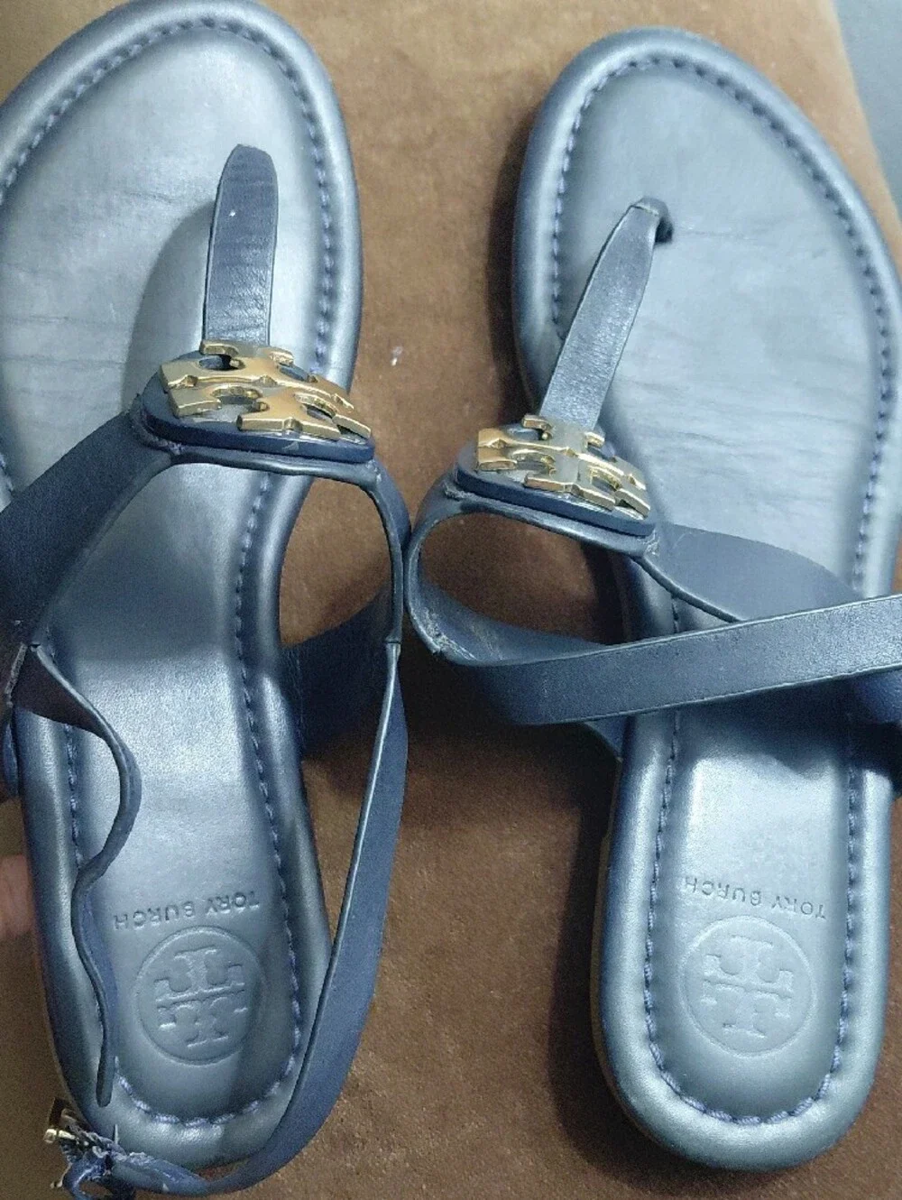 Tory Burch Navy Leather Thong Sandals with Gold Logo Medallions